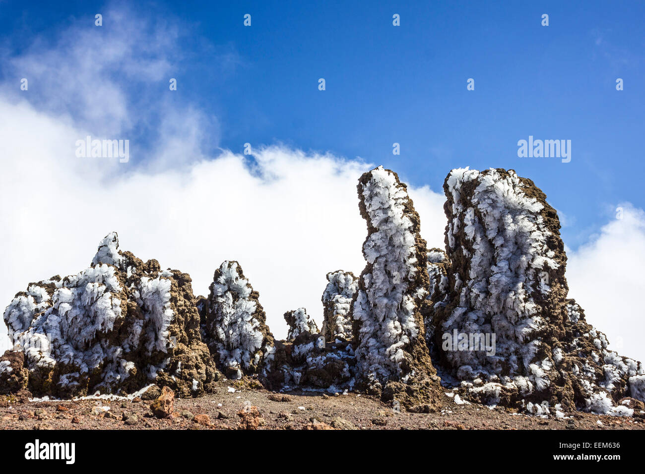 Roque de los Muchachos, formation rocheuse couverte de glace, La Palma, Canary Islands, Spain Banque D'Images