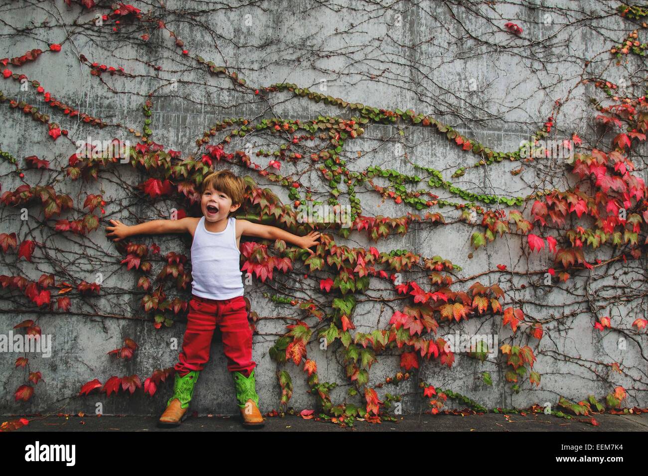 Garçon debout contre un mur couvert de lierre, États-Unis Banque D'Images