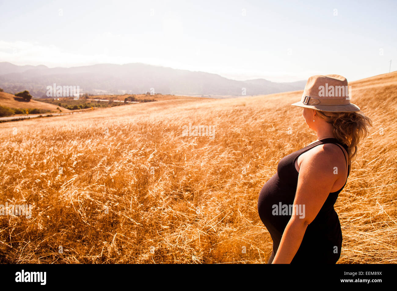 Femmes enceintes Caucasian woman standing in meadow rural Banque D'Images