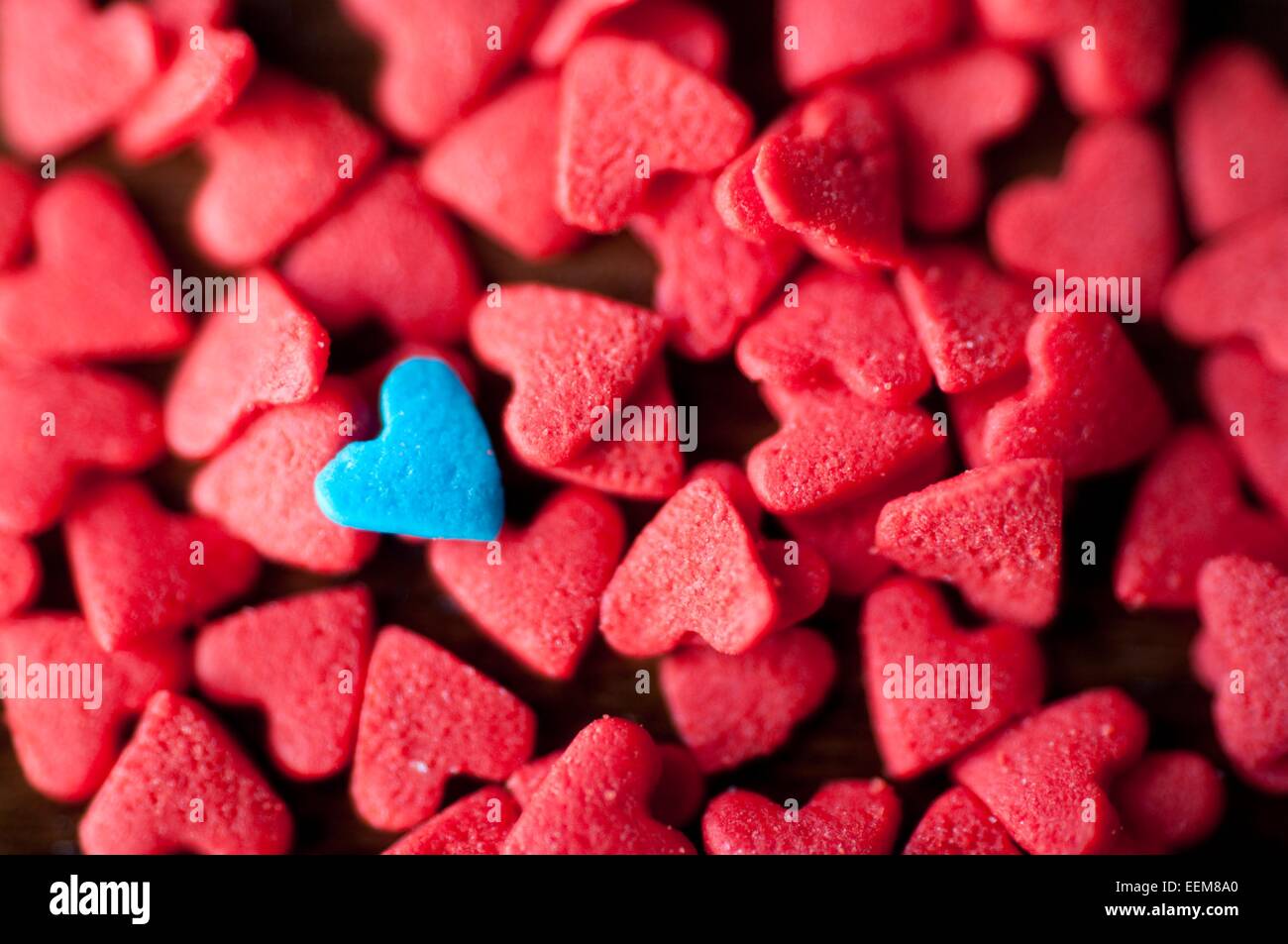 Bonbons en forme de coeur rouge avec un bleu unique Banque D'Images