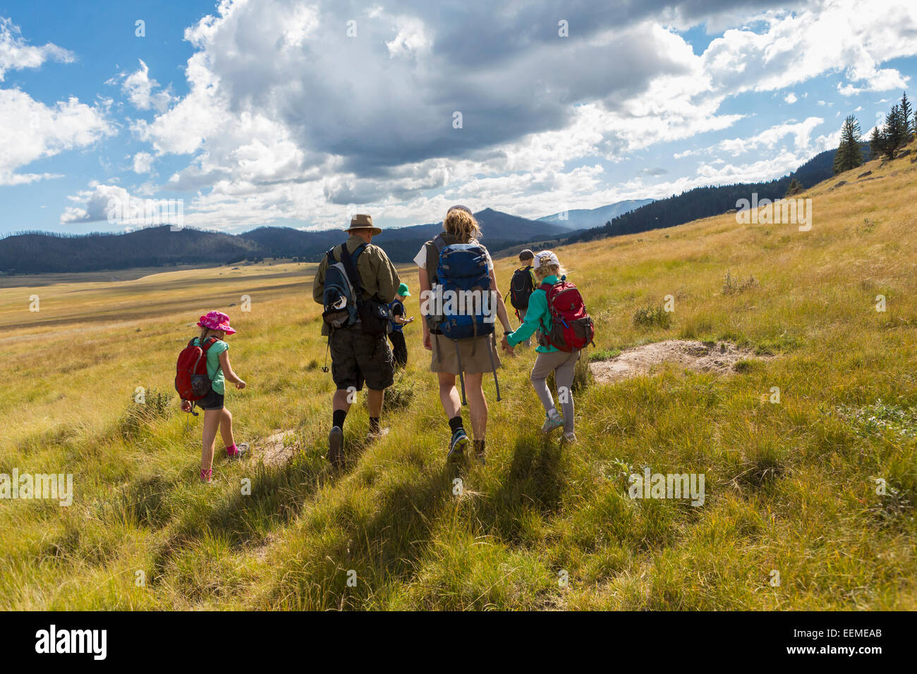 Caucasian hiker conduisant les enfants dans les paysages à distance Banque D'Images