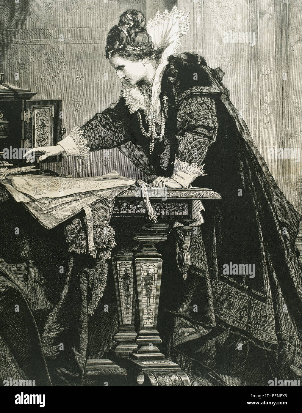 (Elizabeth I), Reine de Maalouf l'Angleterre et l'Irlande décrète la mort de Marie Stuart, reine d'Écosse. Gravure de Thiele. Banque D'Images