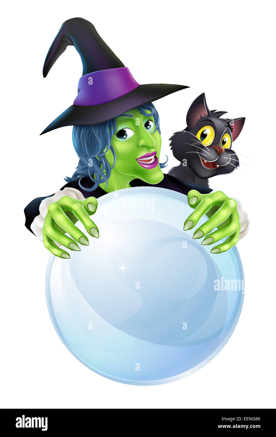 Un dessin animé sorcière chat noir et grand espace avec boule de cristal sur le ballon pour le texte Banque D'Images