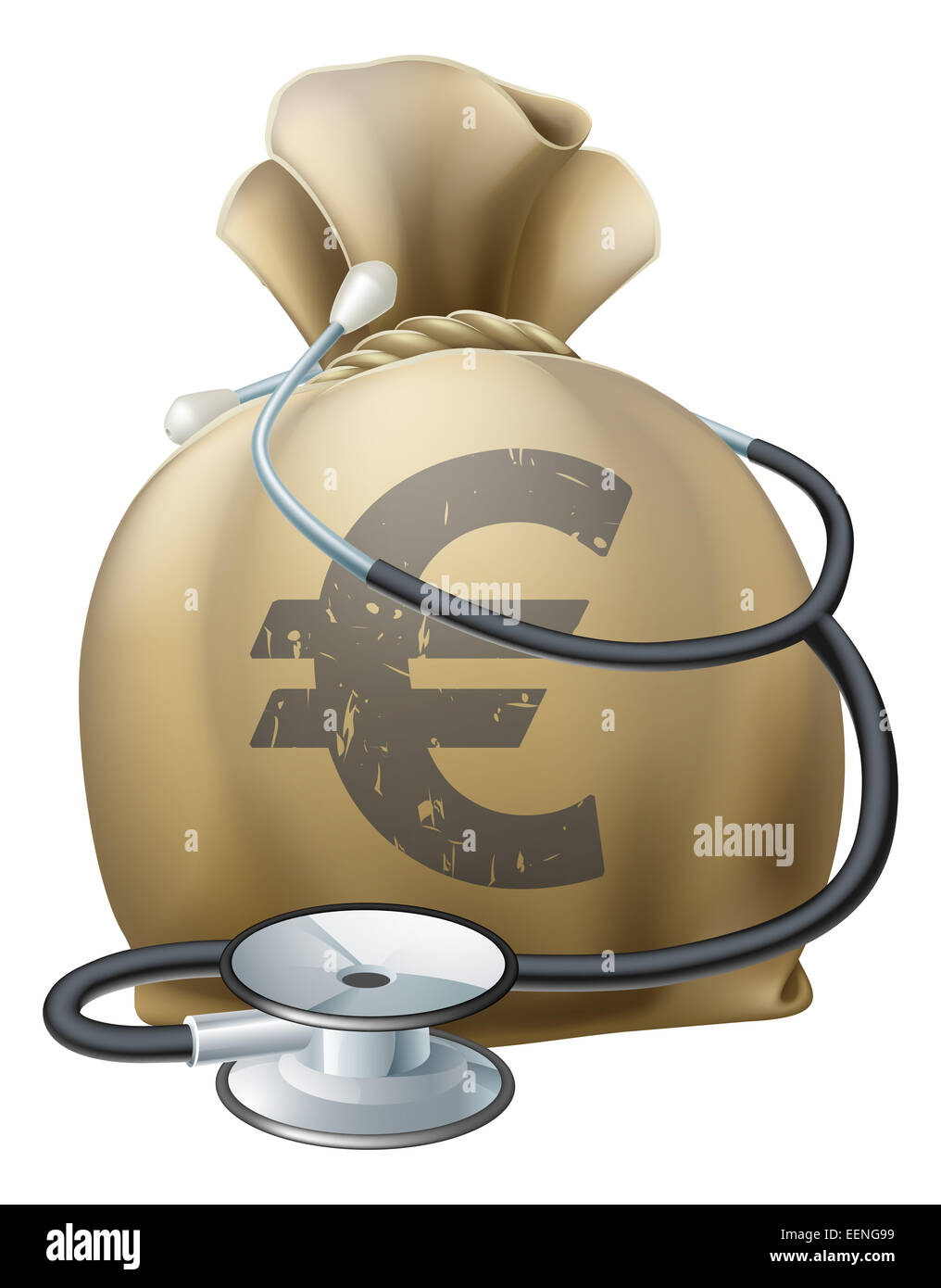 Sac de l'argent avec un stéthoscope enroulé autour. Concept pour toute urgence médicale ou finances thème comme l'assurance-santé, santé financière, Banque D'Images