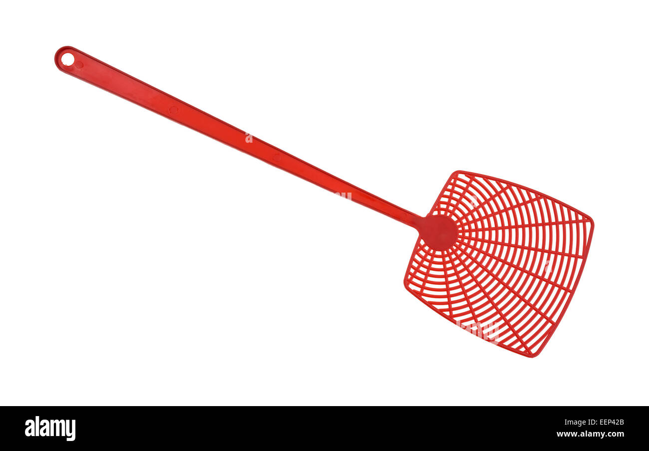 Un nouveau fly swatter rouge sur un fond blanc. Banque D'Images