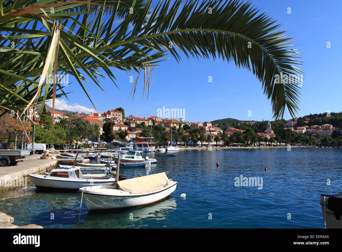Cavtat, Croatie port, avec des bateaux dans le port et les yachts sur la mer Adreatic ; Europe centrale et de la Méditerranée. Banque D'Images