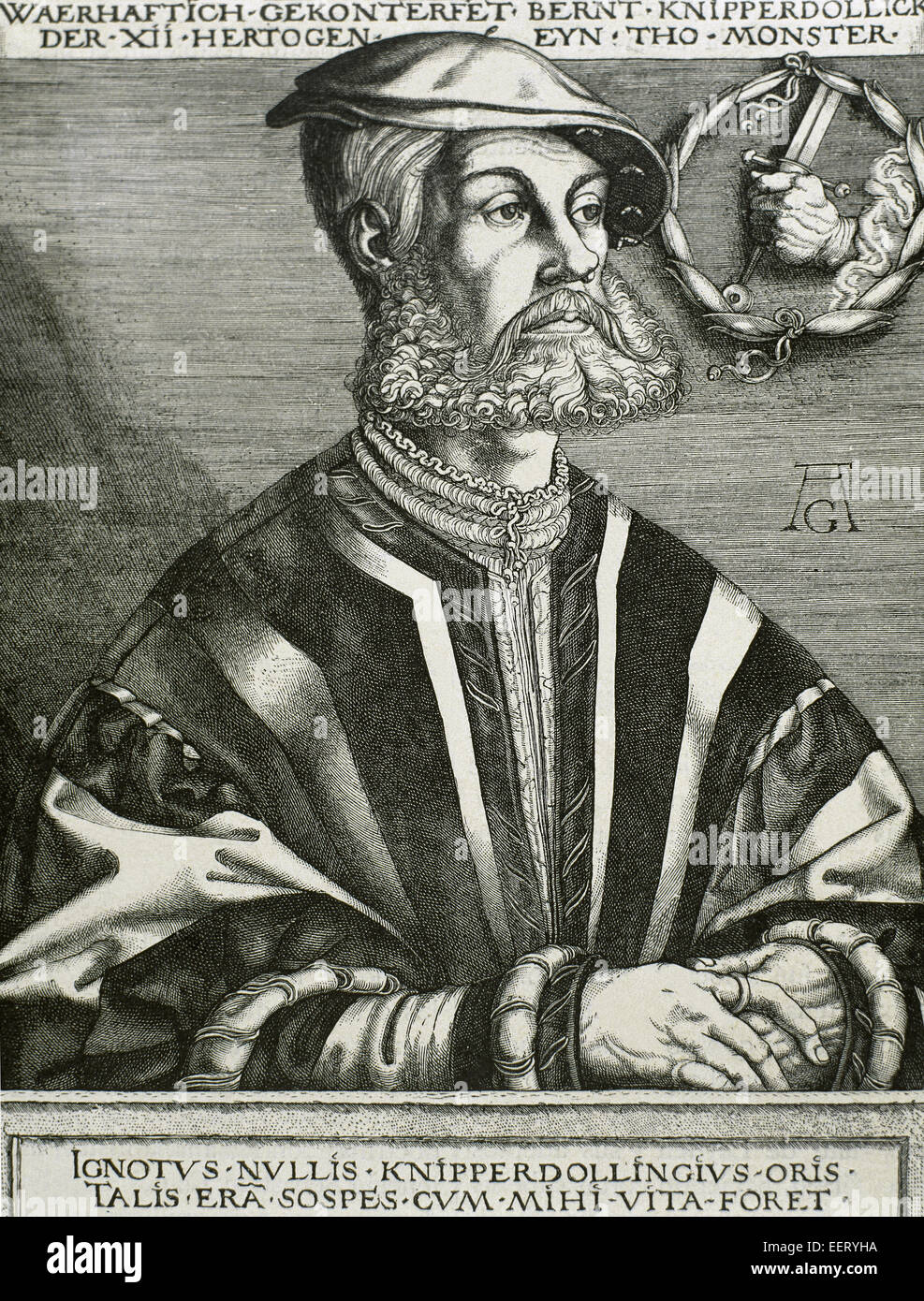 Bernhard Knipperdolling (ch. 1495-1536). Leader allemand des Anabaptistes de Münster. Portrait. Gravure par Heinrich Aldegrever (1502-1555 ou 1561). Banque D'Images