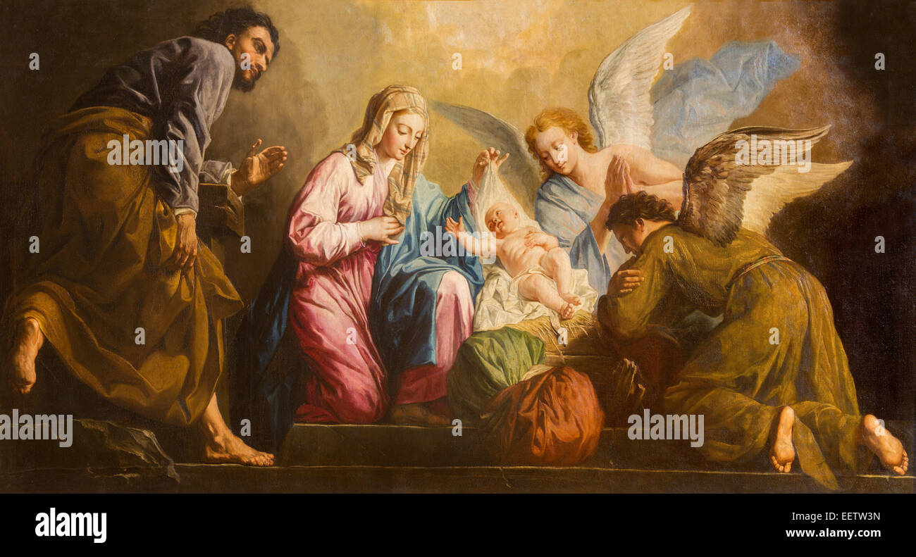 Vienne, Autriche - 17 décembre 2014 : La Nativité peinture dans Salesianerkirche presbytère de l'église par Giovanni Antonio Pellegrini Banque D'Images