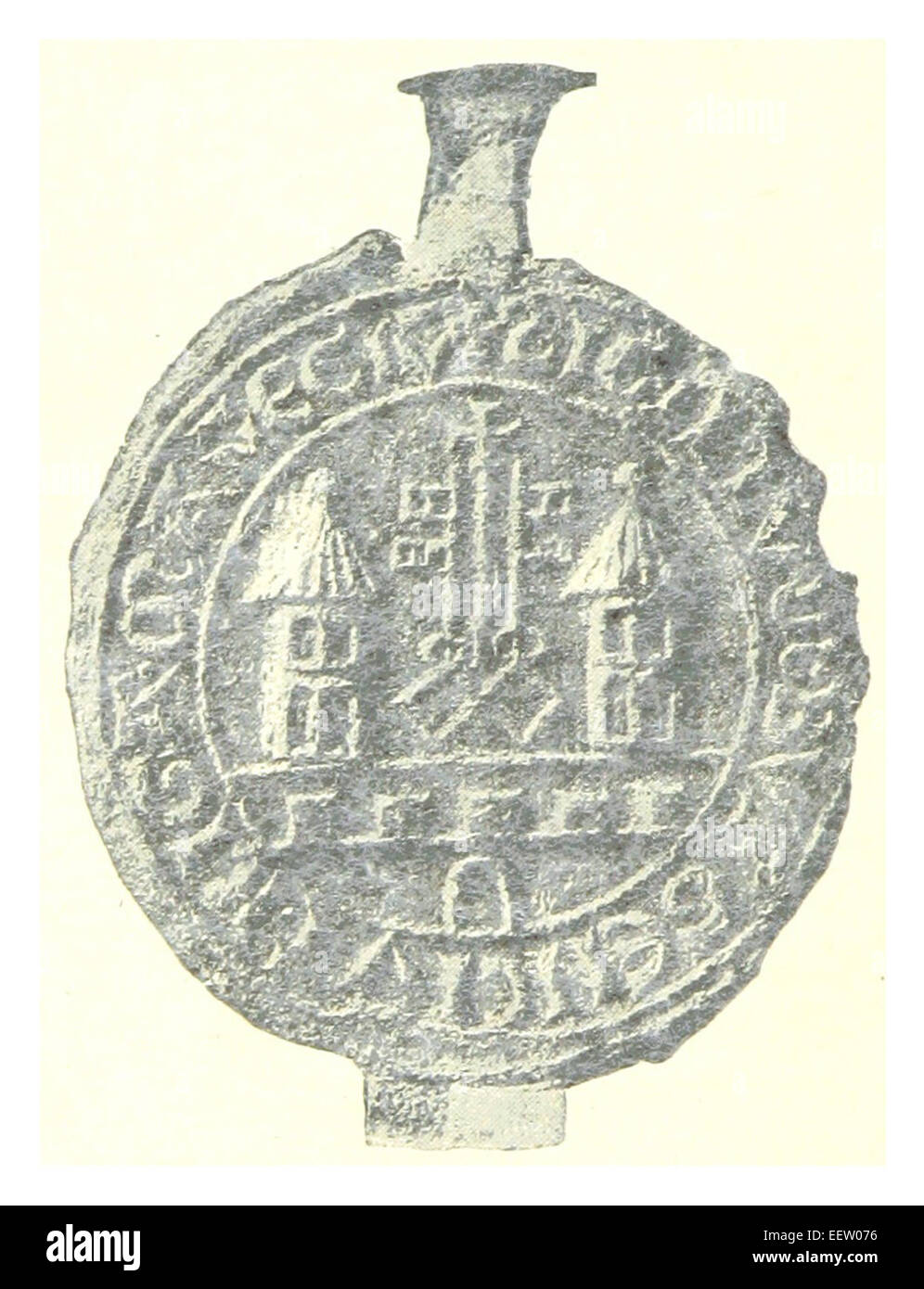 Cette illustration de Mettig de 1897 montre le grand sceau de Riga, Lettonie, utilisé dans un document de 1232, fournissant le contexte historique de Riga médiévale et de sa gouvernance. Banque D'Images