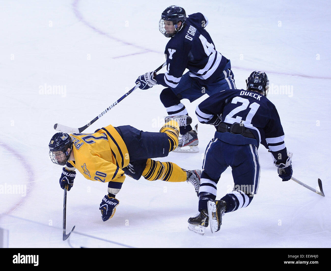 Pittsburgh, PA USA-- célèbre sa victoire sur Yale pour la Quinnipiac NCAA 2013 Championnat National de Hockey. Banque D'Images