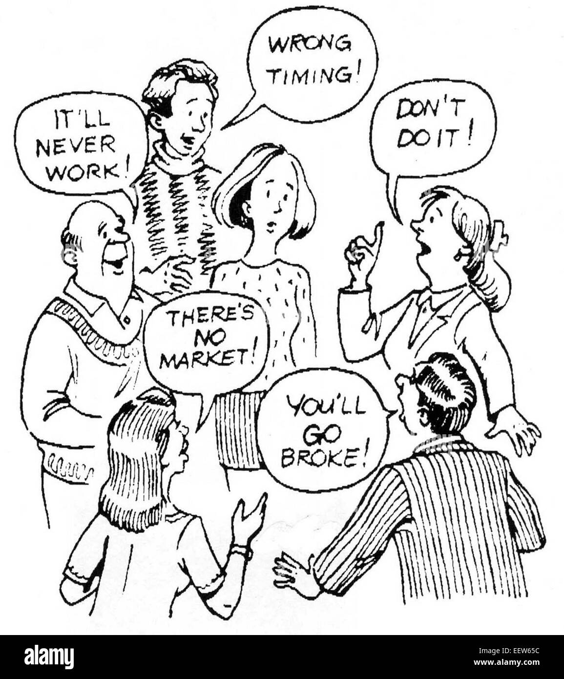 Caricature d'entrepreneur entouré par des personnes avec des avis négatifs. Banque D'Images