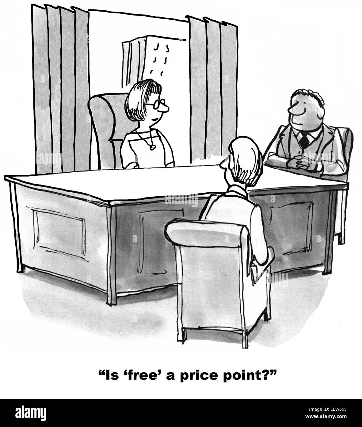 Caricature de gens d'affaires de discuter si 'libre' est un point de prix. Banque D'Images