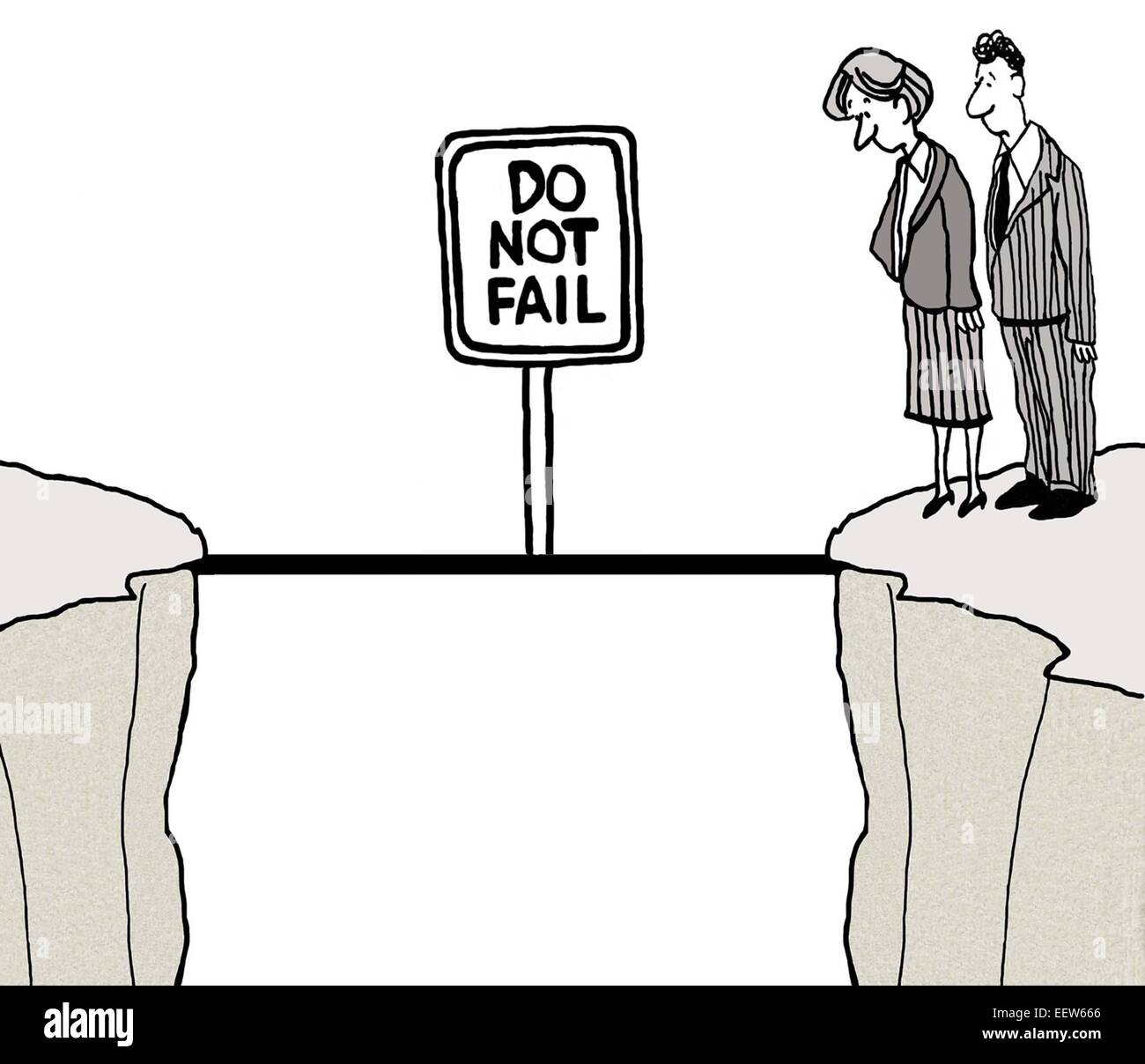 Caricature montrant deux hommes d'affaires à la recherche vers le bas d'une falaise avec un panneau qui dit : ne pas échouer'. Banque D'Images
