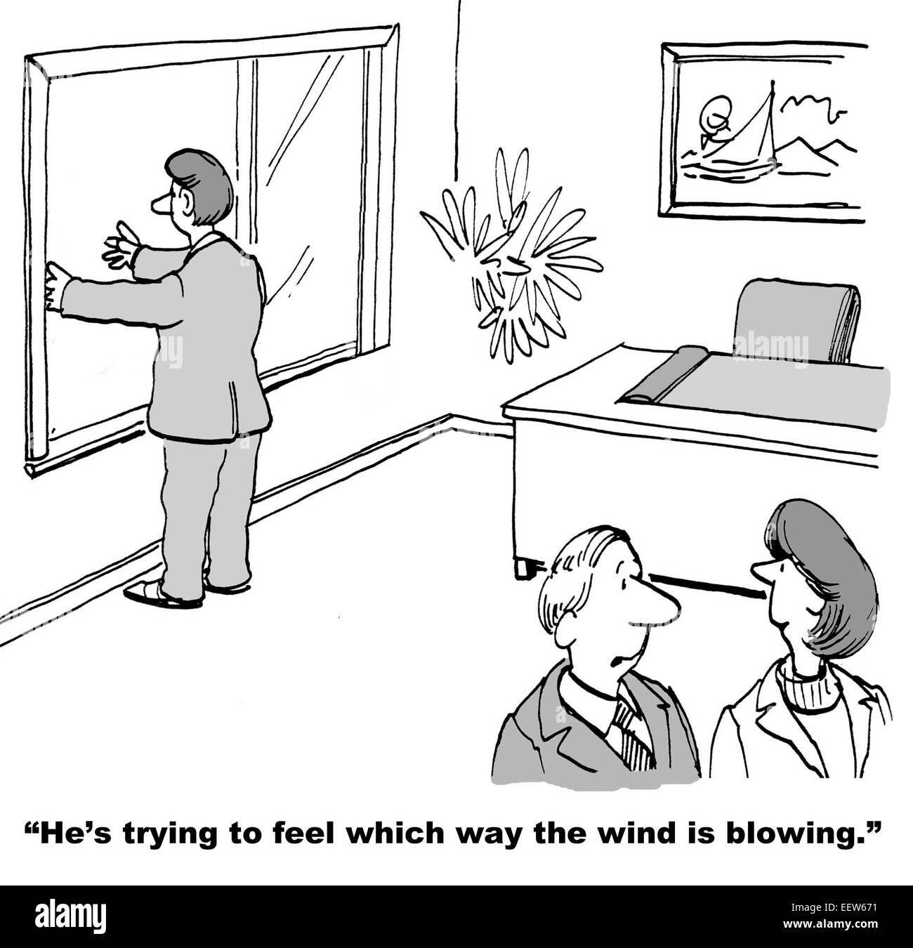 Caricature de gens d'affaires disant leur collègue essaie de sentir de quel côté le vent souffle. Banque D'Images