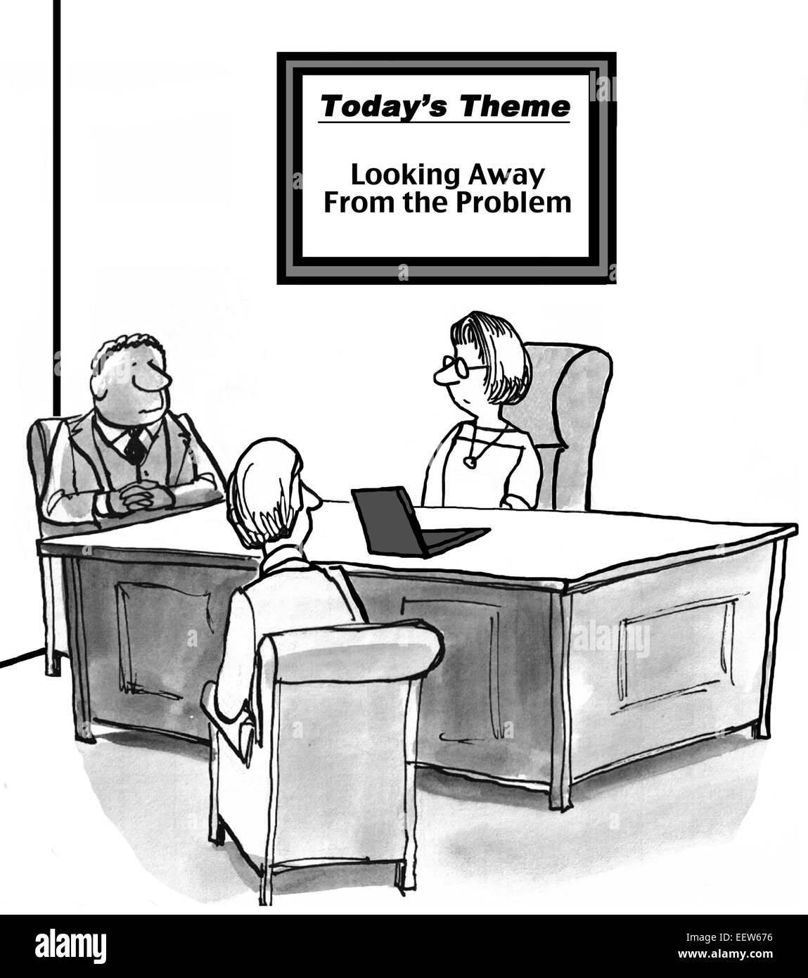Caricature de trois affaires dans un bureau avec le signe : le thème d'aujourd'hui est à l'écart de ce problème. Banque D'Images