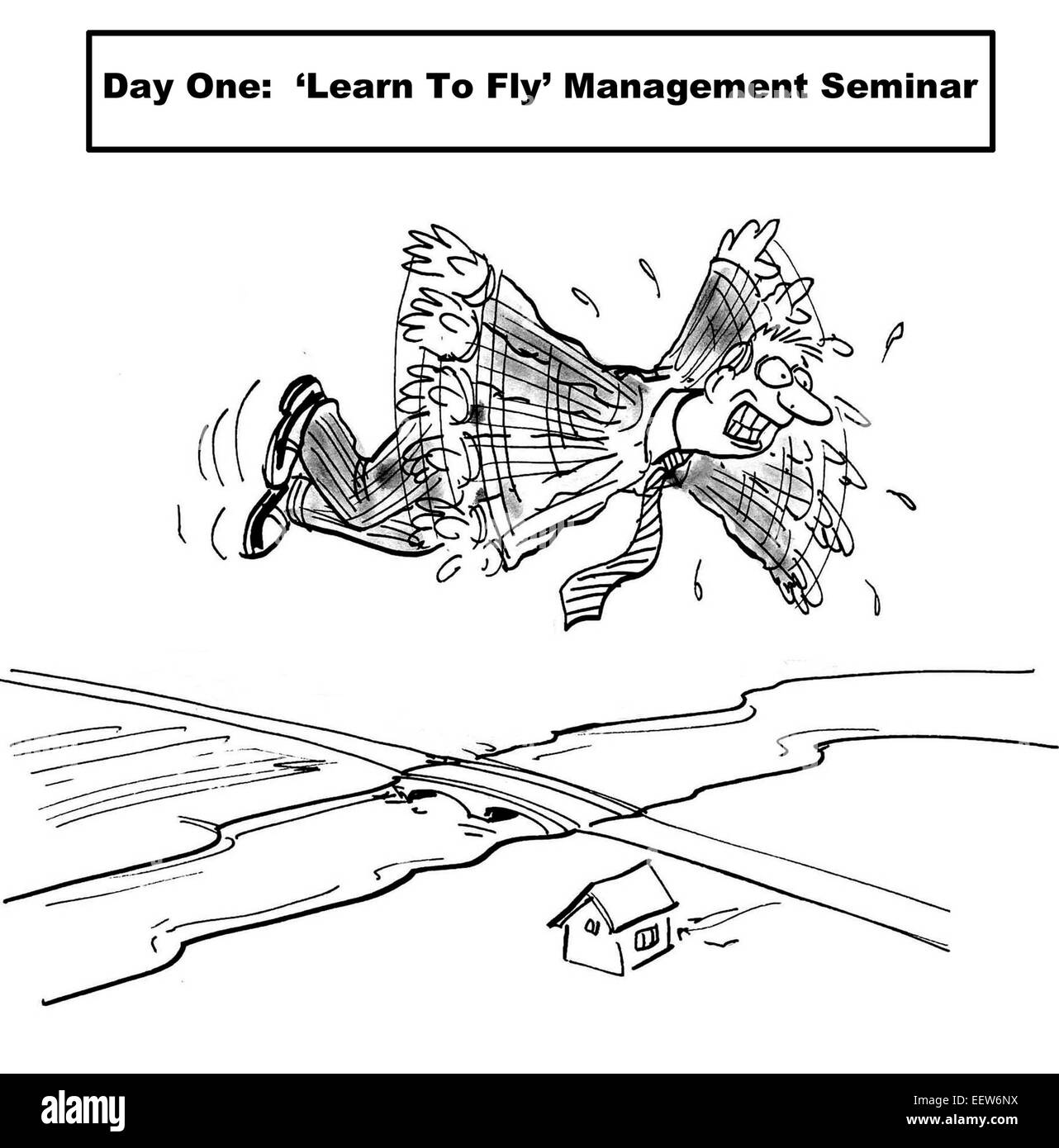 Caricature de l'homme d'affaires sur le premier jour de la "Apprendre à voler" séminaire de gestion Banque D'Images