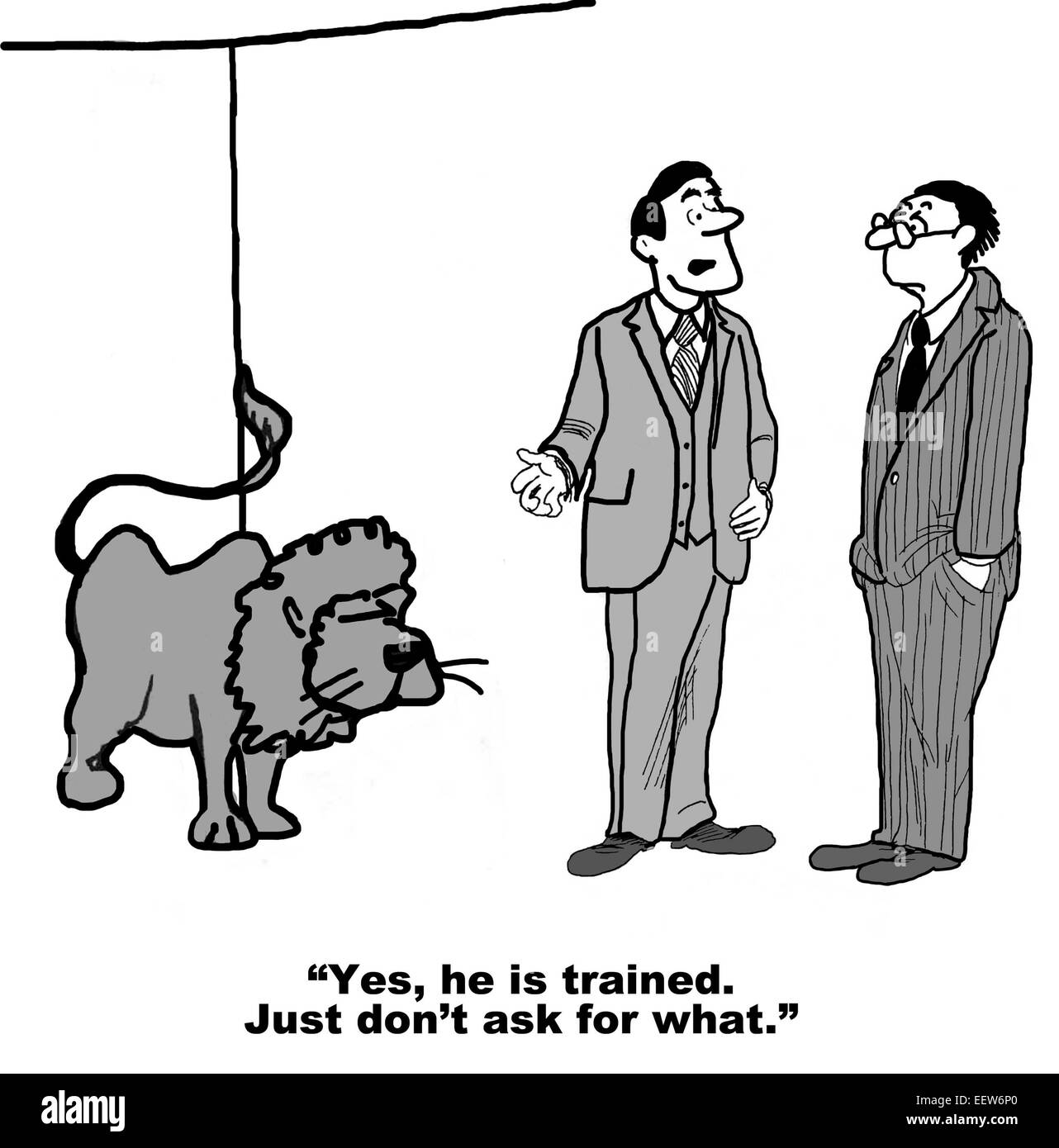 De dessin animé avec un lion à proximité et l'homme dit oui, le lion est formé, juste ne pas demander de quoi. Banque D'Images