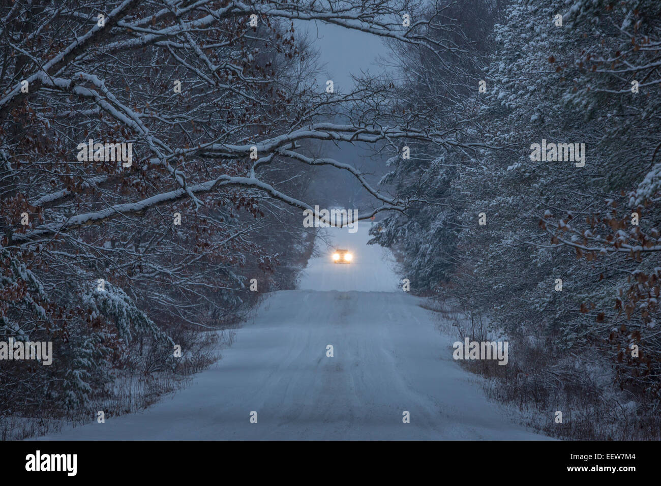 Voiture avec phares sur une route de campagne enneigée dans Mecosta comté près de Grand Rapids et Stanwood, Michigan, USA Banque D'Images