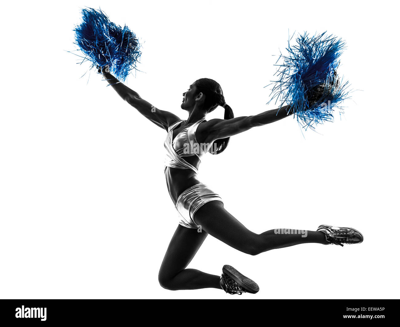 Une jeune femme meneuse de claque silhouette studio sur fond blanc Banque D'Images