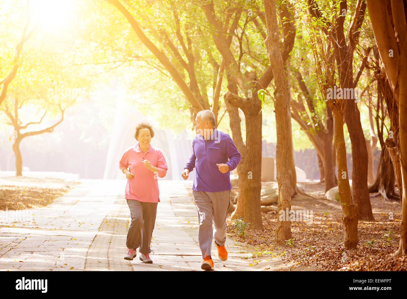 Happy Asian Senior Couple exerçant dans le parc Banque D'Images