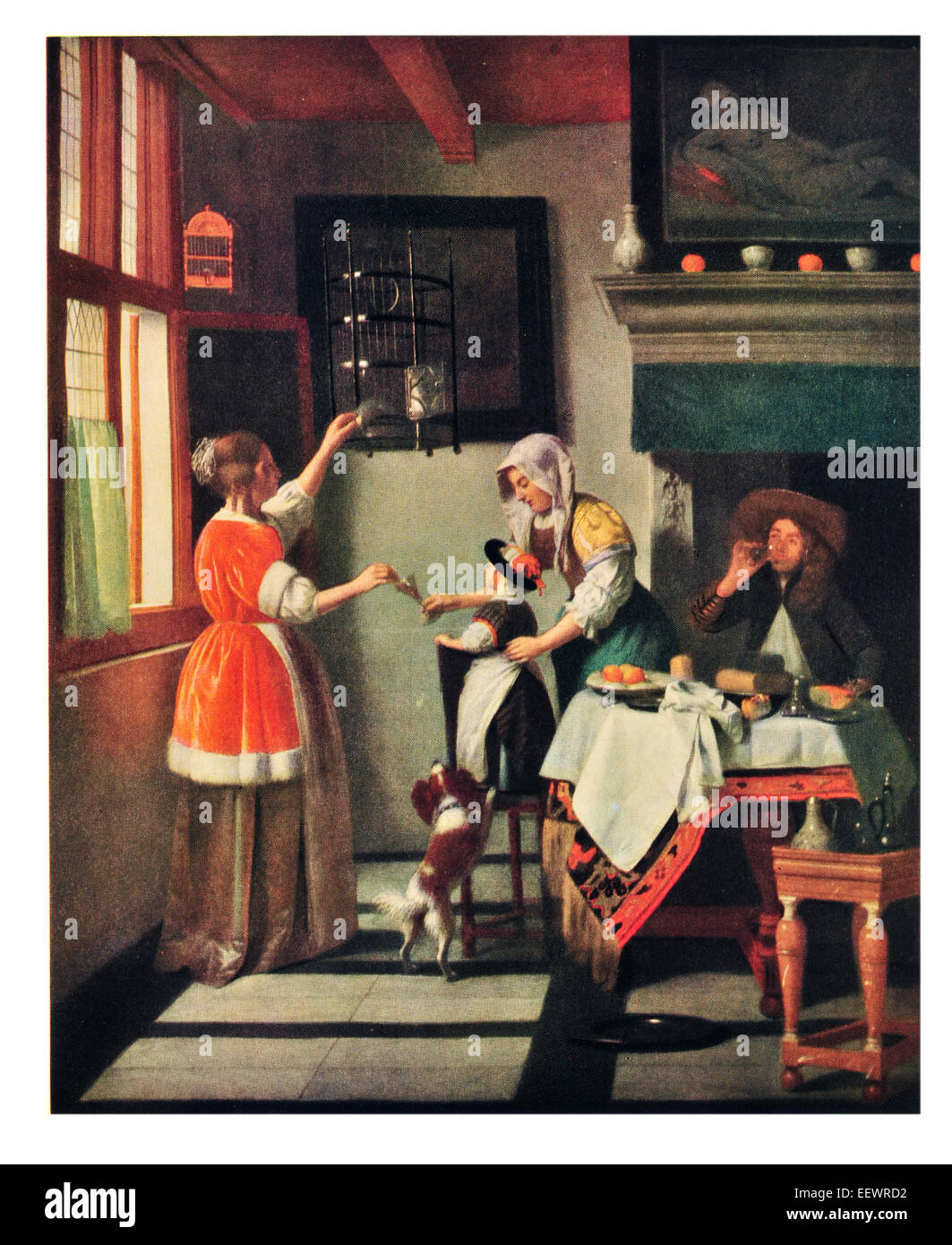 Le Perroquet Pieter de Hooch 1629 - 1684 Dutch painter scène intérieure cheminée chambre chambre accueil riches mère Banque D'Images
