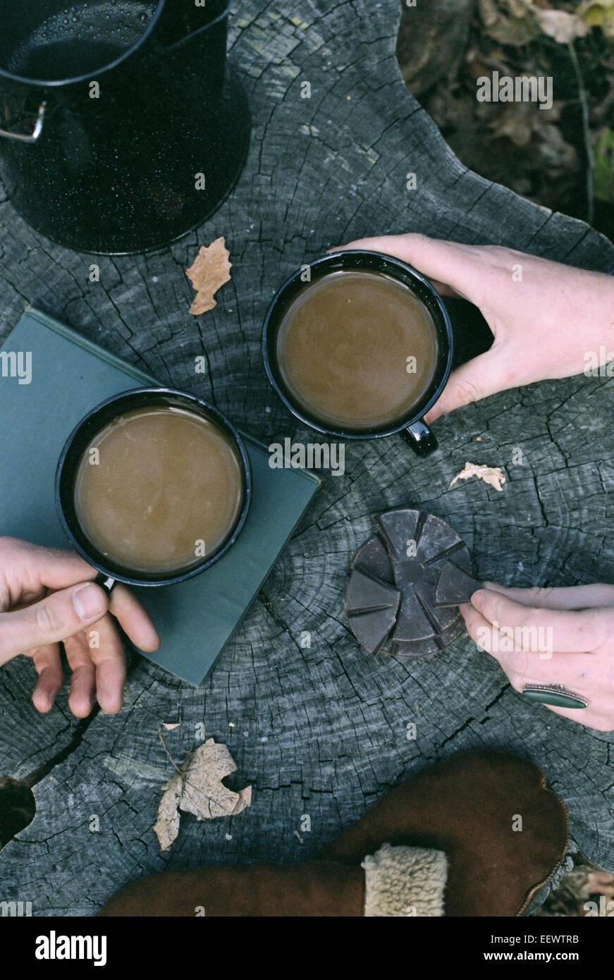Couple having coffee in a forest, deux tasses de café, une cafetière et une paire de gants sur un tronc d'arbre. Banque D'Images Couple having coffee in a forest, deux tasses de café, une cafetière et une paire de gants sur un tronc d'arbre. Banque D'Images
