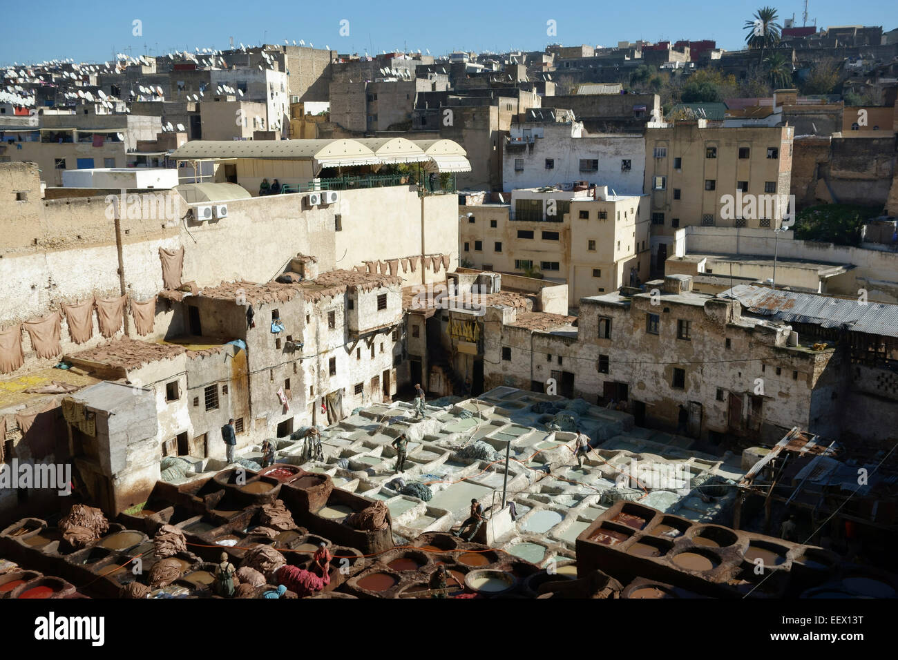 Vue aérienne de Chouwara tannerie dans fes, Maroc Banque D'Images