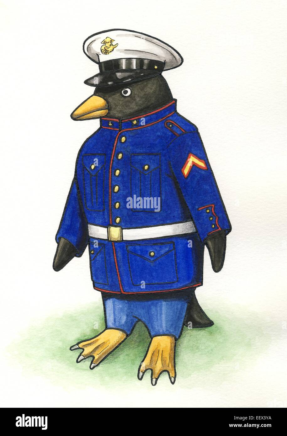 Penguin dans robe marine Peinture Blues avec fond blanc Banque D'Images