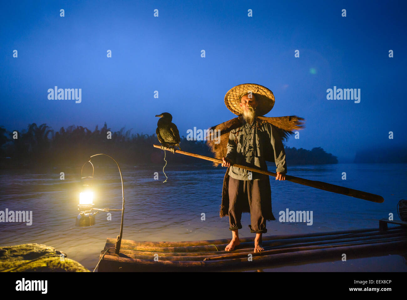 Le Cormorant fisherman et ses oiseaux sur la rivière Li à Yangshuo, Guangxi, Chine. Banque D'Images