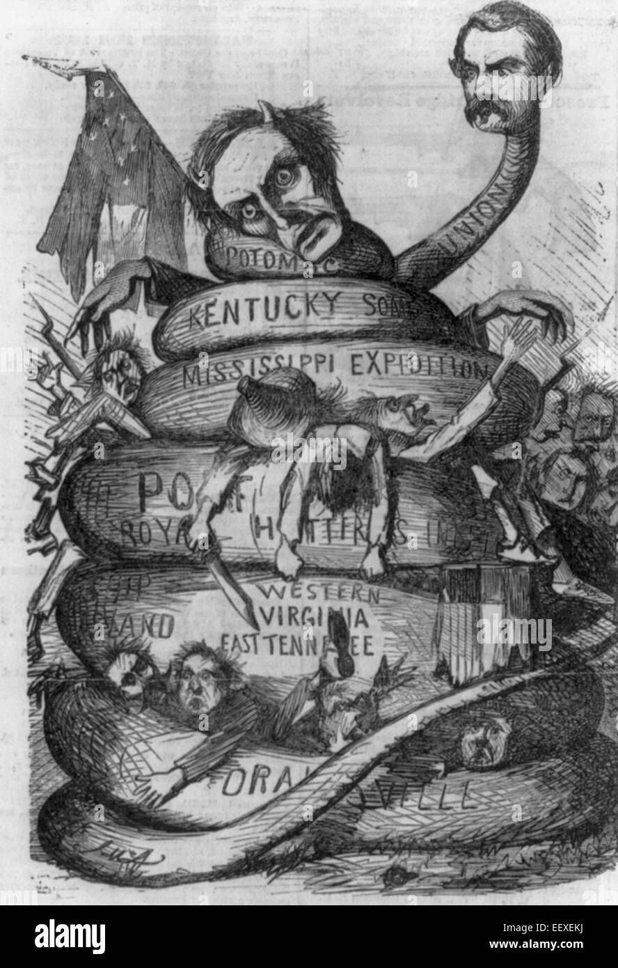 Peu de Mac's Union Européenne Squeeze - caricature général McClellan comme un serpent avec des bobines de constriction autour de confédération, notamment Jeff Davis comme Satan ; USA Guerre civile cartoon, vers 1862 Banque D'Images