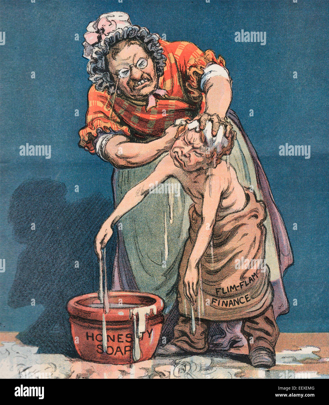 Le président Theodore Roosevelt Finances Scrubbing Soap avec honnêteté, Caricature politique, vers 1907 Banque D'Images