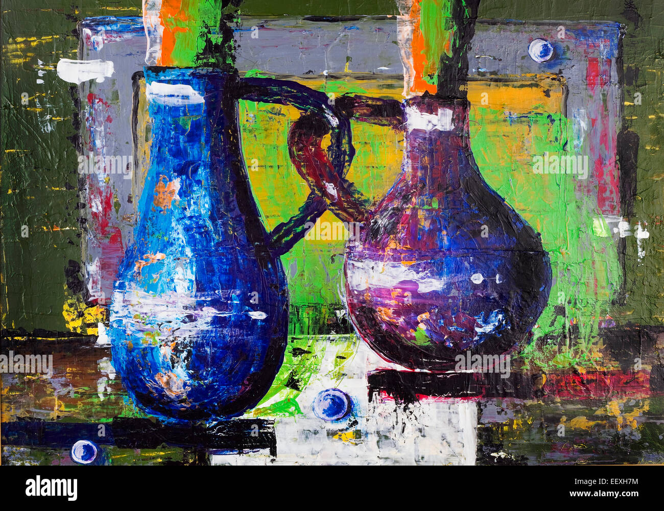 Deux Pichets En Ceramique Dans L Amour L Homme Bleu Et Rose Fille Concept L Art Abstrait Acrylique Sur Toile Peint A La Main Photo Stock Alamy