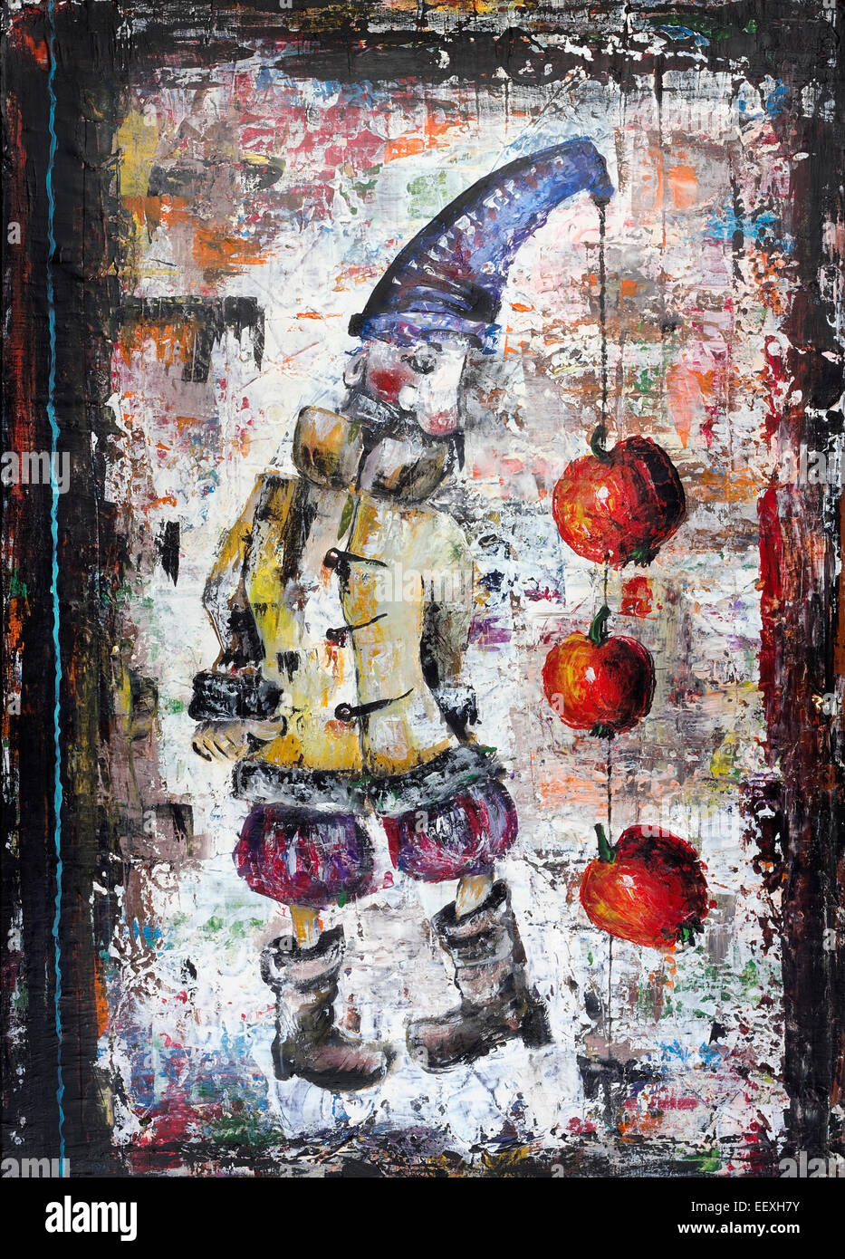 Le triste clown solitaire avec des pommes rouges illustration concept. L'art peint à la main en acrylique sur toile Banque D'Images
