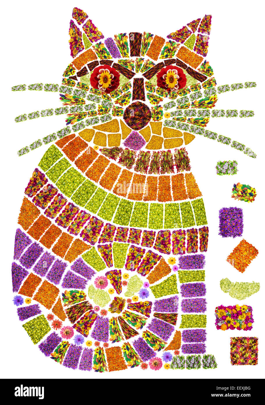 L'image stylisée d'un chat et de l'alimentation du chat en mosaïque style est fait à partir de fleurs d'été. Collage fait main isolé Banque D'Images