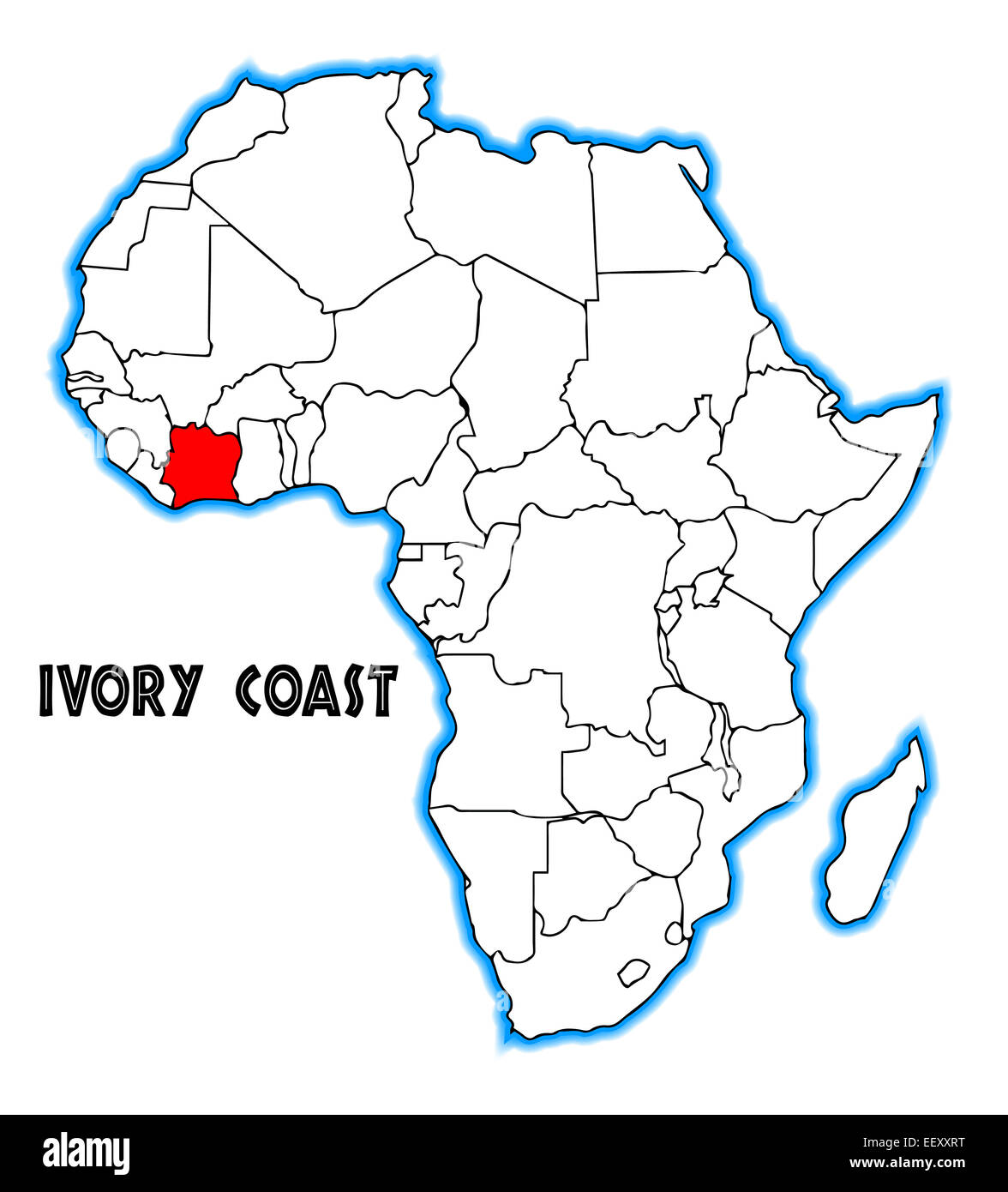 Côte d'Ivoire aperçu insérés dans une carte de l'Afrique sur un fond blanc Banque D'Images