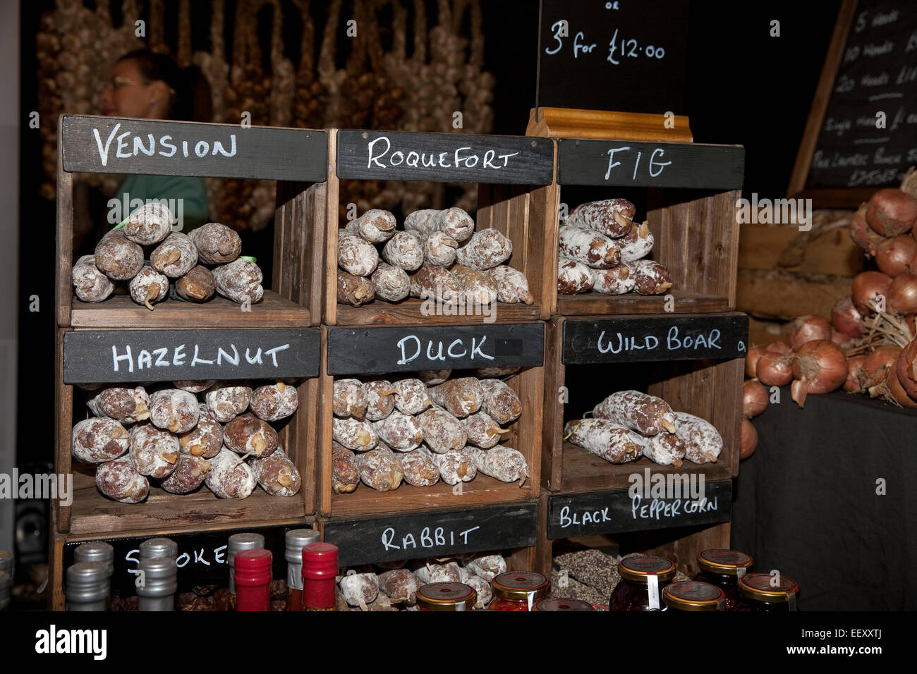 Différentes viandes en vente chez the France Show 2015 à Olympia Londres Banque D'Images