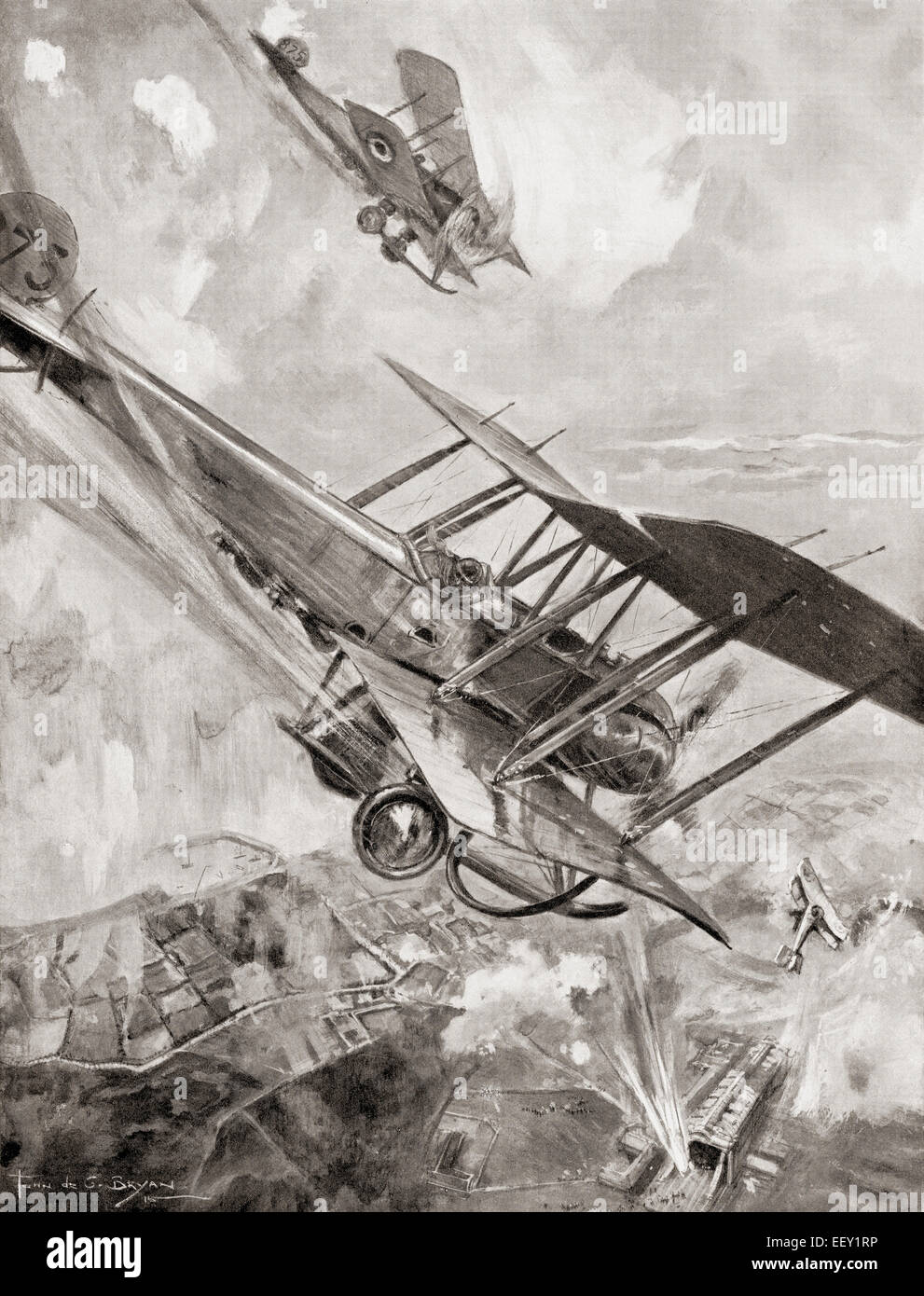 Le commandant de l'escadron Briggs, commandant de l'Escadrille Babington et le capitaine Sippe détruisant Nantes Usine de dirigeables, le lac de Constance, dans le sud de l'Allemagne en 1914 pendant la Première Guerre mondiale. Banque D'Images