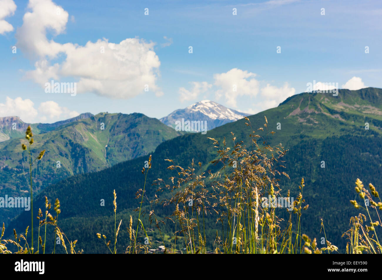 Vue sur les Alpes françaises près de Chamonix, Rhône-Alpes, haute-Savoie, France, en été Banque D'Images
