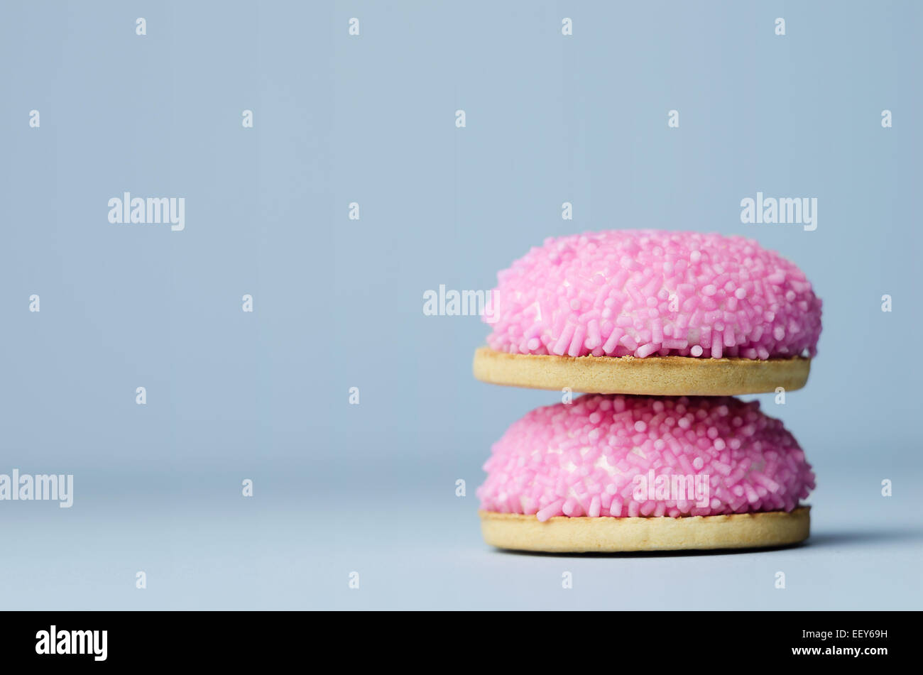 Des biscuits avec le sucre guimauve rose saupoudre sur fond bleu Banque D'Images