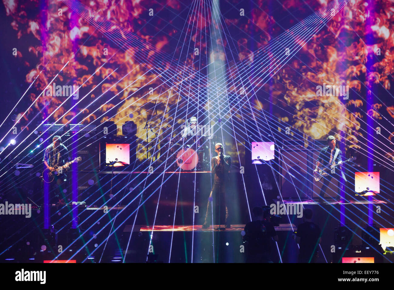 Le groupe de rock allemand Tokio Hotel au cours de l'émission de télévision allemande ZDF Wetten Dass à Erfurt, Thuringe, Allemagne, Europe Banque D'Images