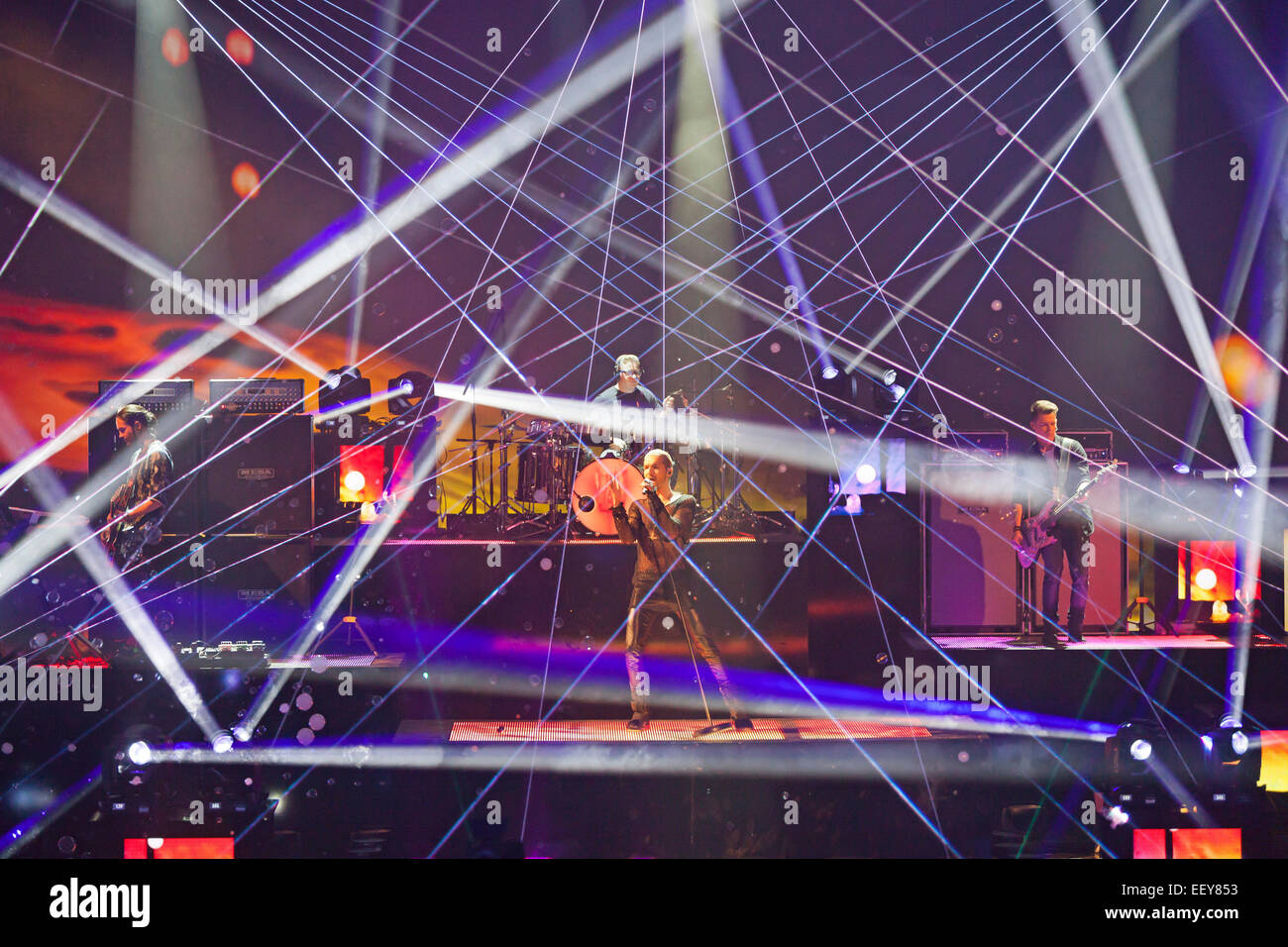 Le groupe de rock allemand Tokio Hotel au cours de l'émission de télévision allemande ZDF Wetten Dass à Erfurt, Thuringe, Allemagne, Europe Banque D'Images