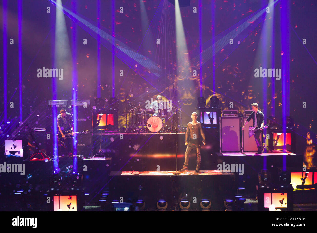 Le groupe de rock allemand Tokio Hotel au cours de l'émission de télévision allemande ZDF Wetten Dass à Erfurt, Thuringe, Allemagne, Europe Banque D'Images