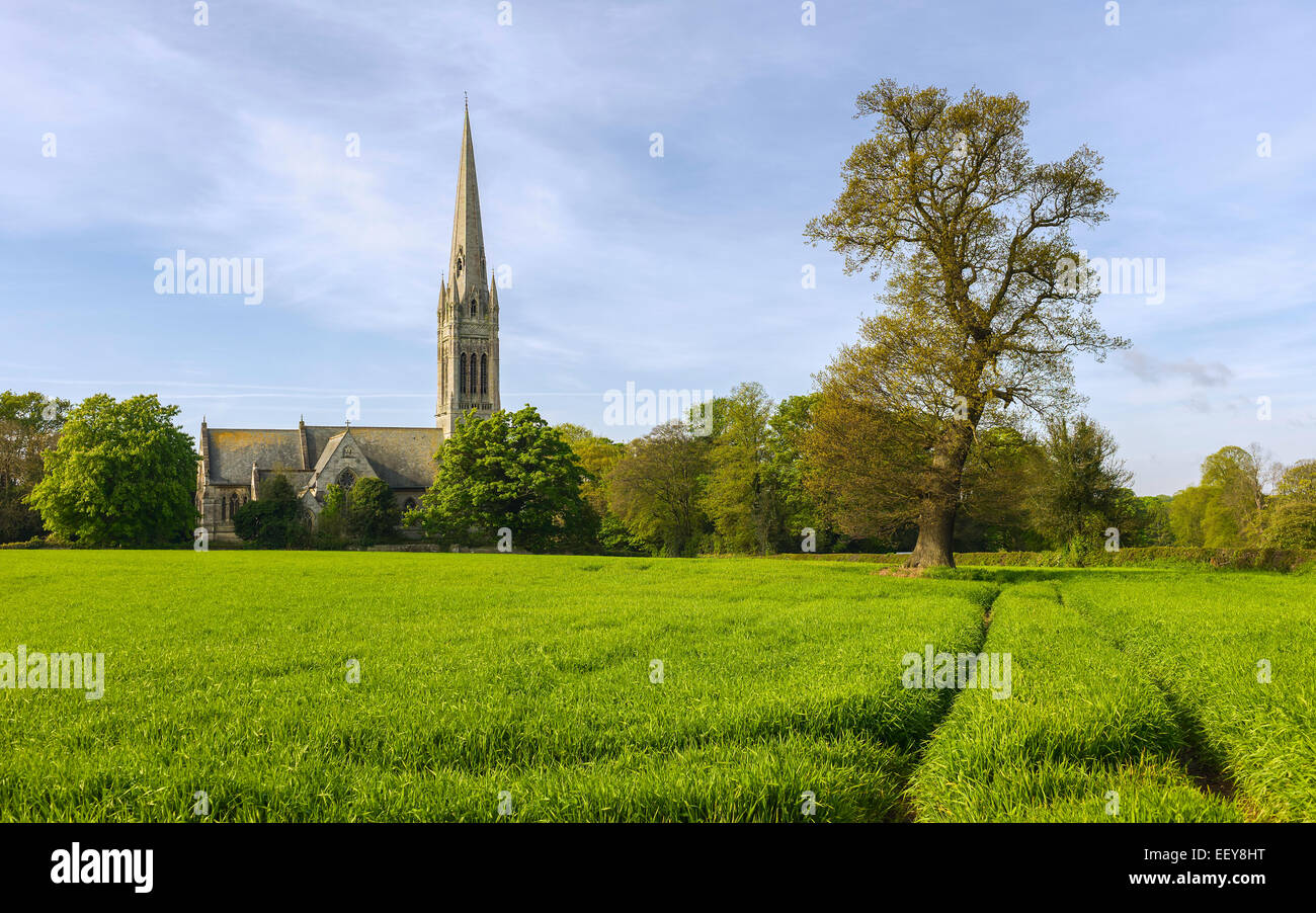 South Dalton, Yorkshire, UK. L'église St Mary, vers 1859, par un beau matin de printemps et aussi les terres agricoles environnantes. Banque D'Images