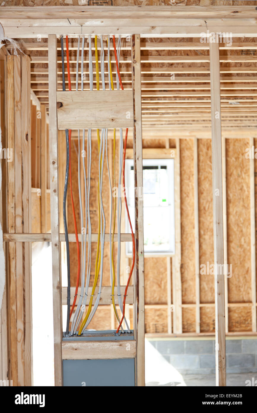 Câblage électrique à partir d'une boîte de disjoncteurs dans une nouvelle maison en construction Banque D'Images