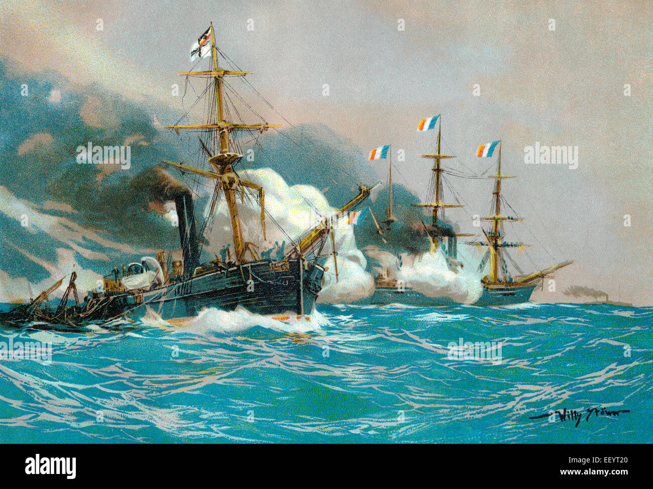 Par Willy Stöwer peinture historique, Bataille navale de la canonnière à vapeur du Chamaeleon-classe météore, 23 octobre 1870 off Havan Banque D'Images