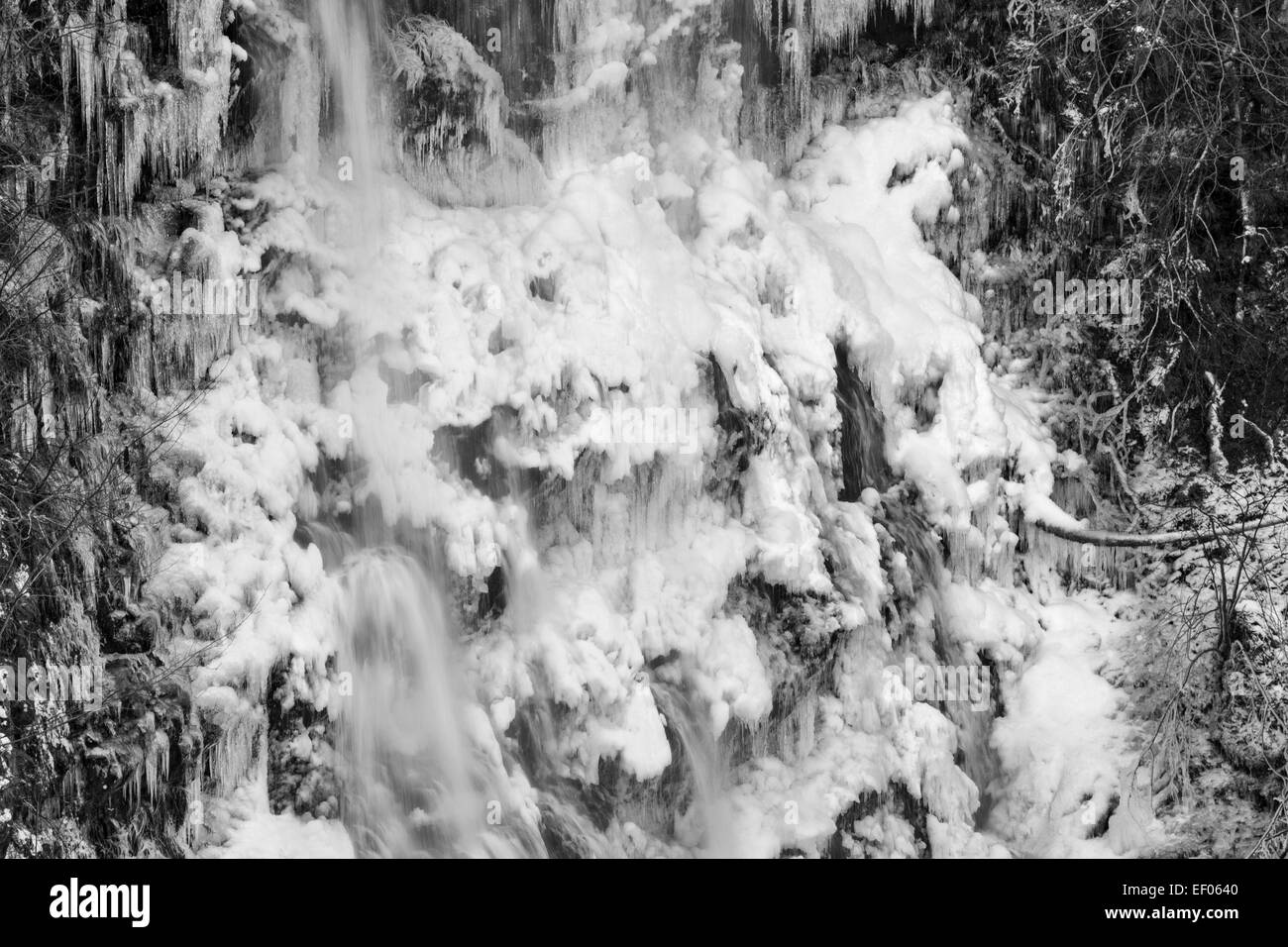 DIVACH FALLS cascade gelée Un monochrome de 100 PIEDS DE HAUTEUR DE GLACE D'EAU EN CASCADE ET DES RANGÉES DE GLAÇONS SUR LA RIVER COILTIE Banque D'Images