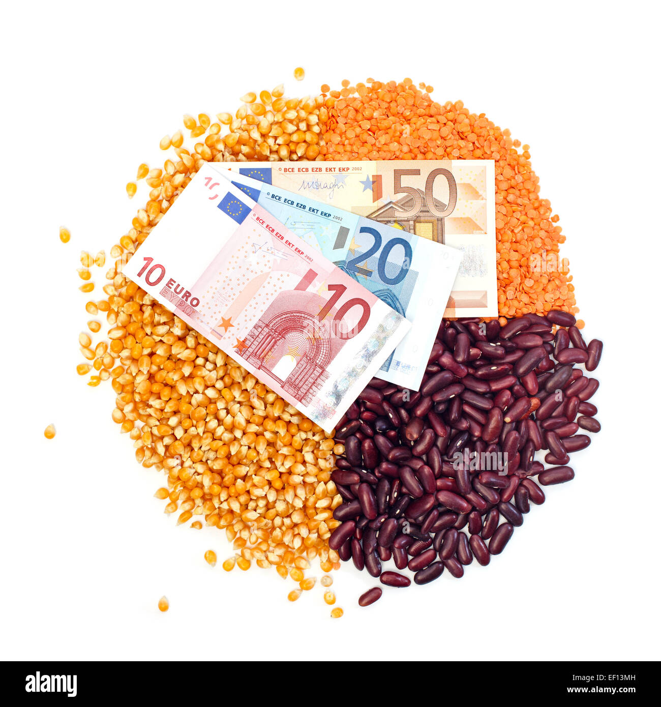 Graphique de maïs, lentilles, haricots et billets en euros le haut isolated on white Banque D'Images