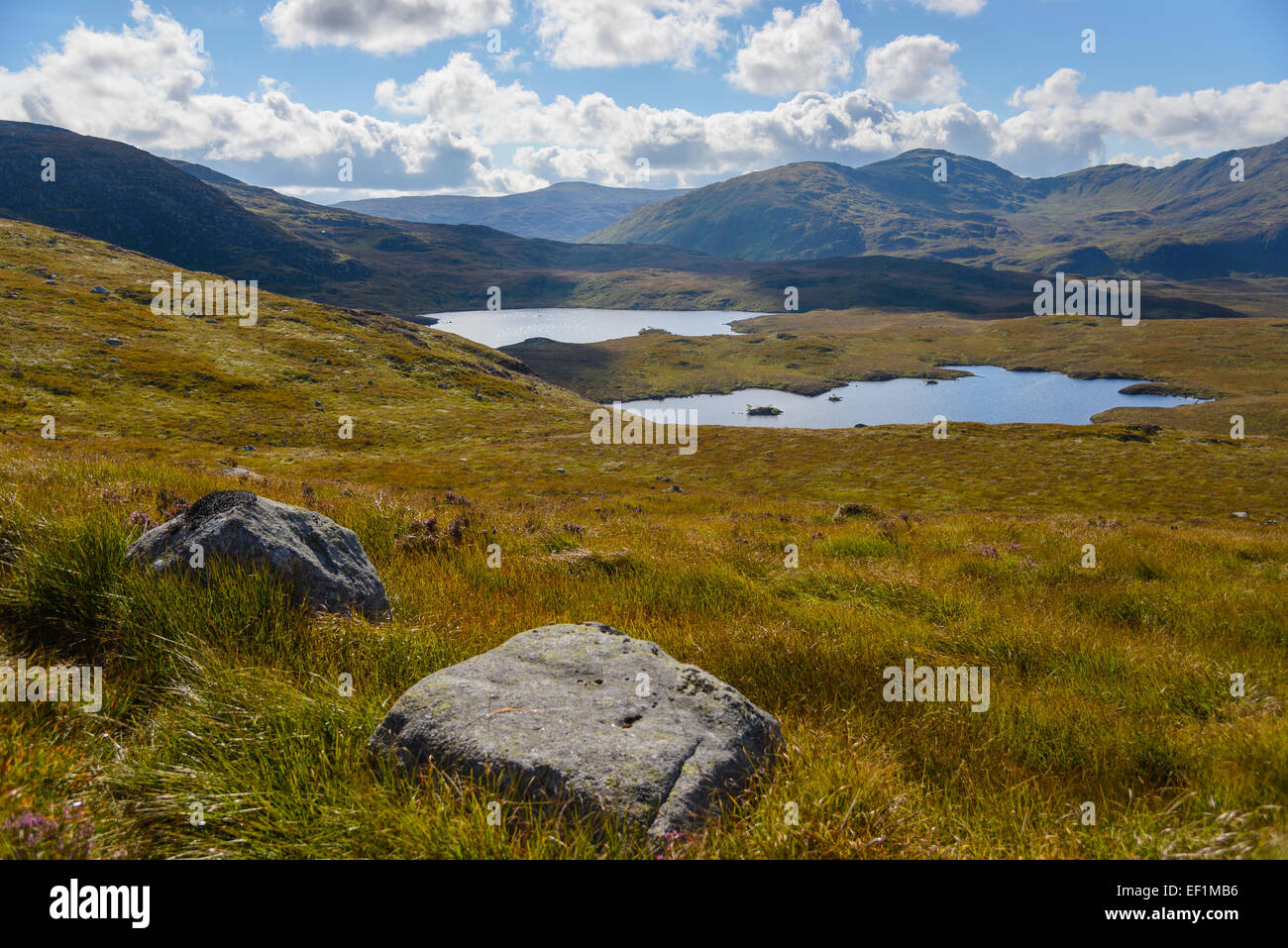 Vue depuis l'age de l'Jarkness Glenhead vers Lochs, Galloway Hills, Dumfries et Galloway, Écosse Banque D'Images