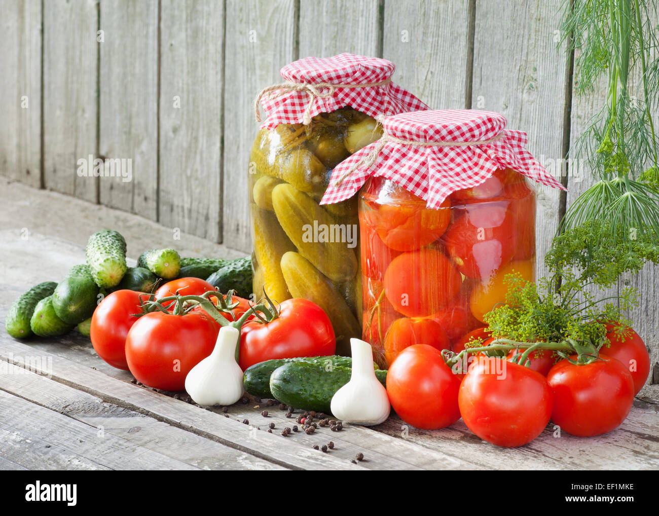Conserves de tomates et concombres, des conserves de légumes Banque D'Images