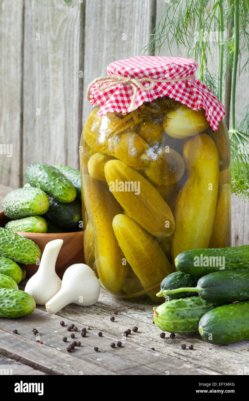 Et concombres frais, des conserves de légumes Banque D'Images